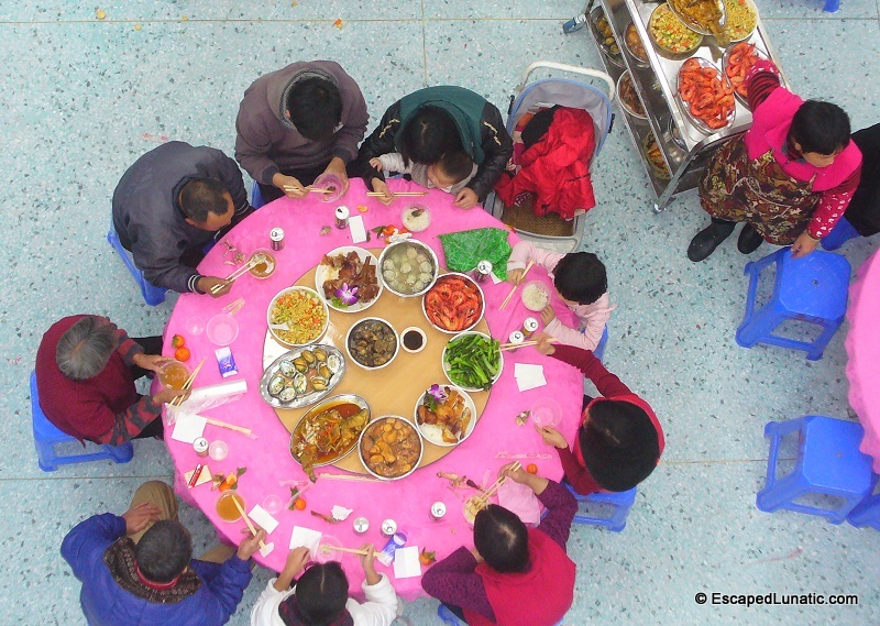 Aerial view of a Cantonese feast in progress.
