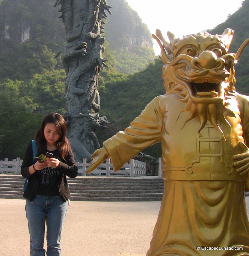 My wife ignoring the dragon to play with her cell phone.