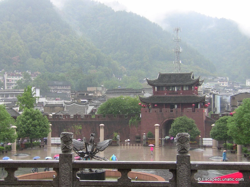 Feng Huang old town square on a cold rainy day