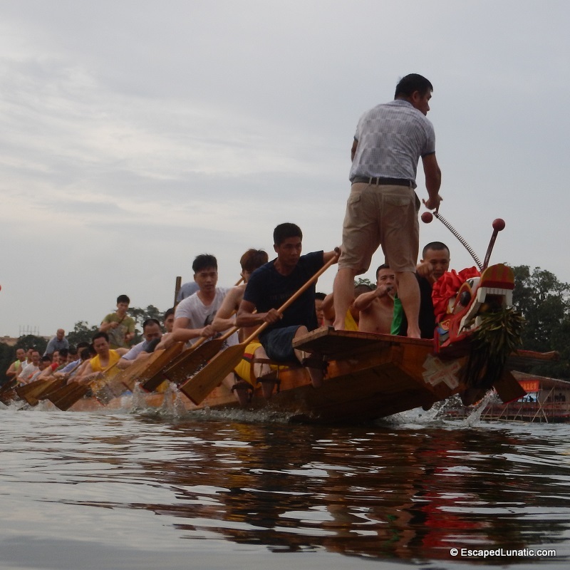 At last, I'm in the water next to a 30 meter long Dragon Boat