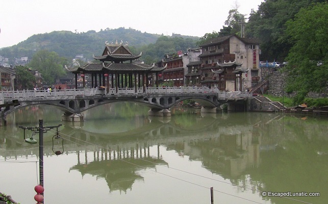 Traditional bridge viewed from the new hotel in Feng Huang